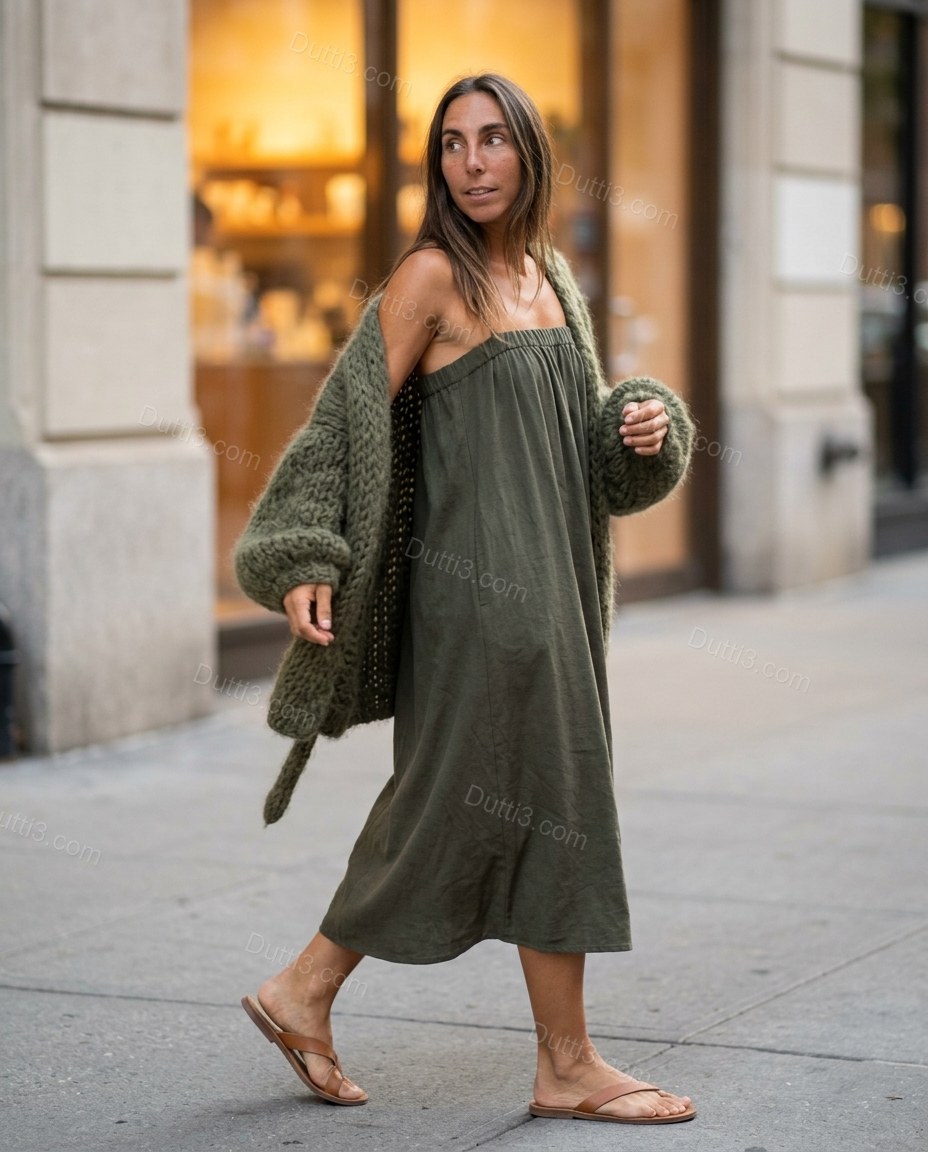 Olive Green Midi Cape Strapless Dress, walking lifestyle view, by Dutti3