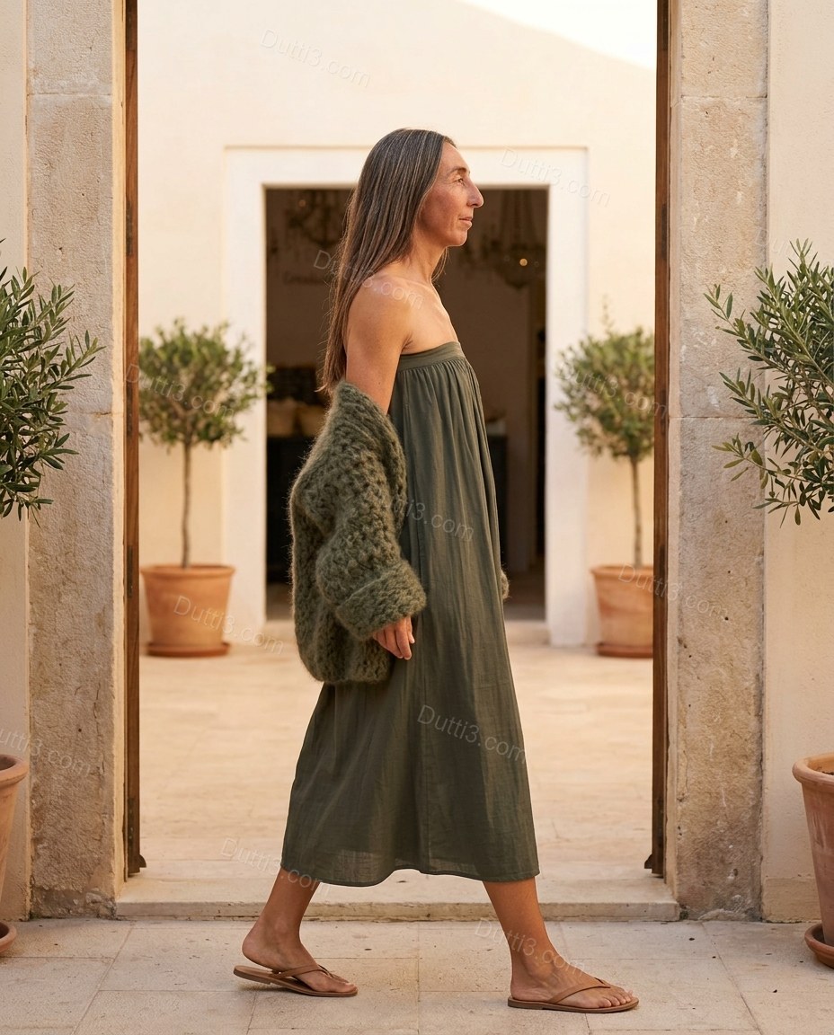 Olive Green Midi Cape Strapless Dress, movement and fit lifestyle view, by Dutti3