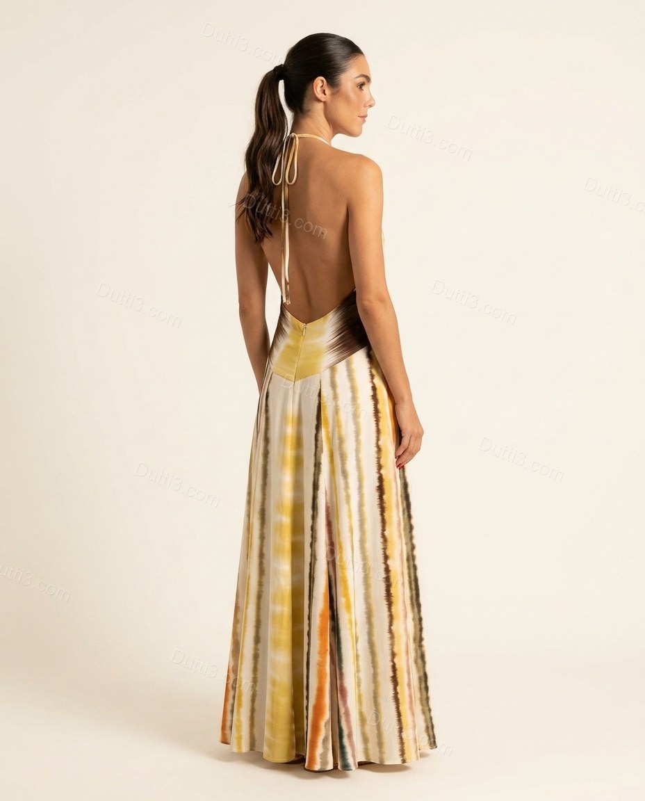 Yellow Tie-Dye Maxi Open-Back Dress, back studio view showing open back design with halter tie and waist zipper, by Dutti3