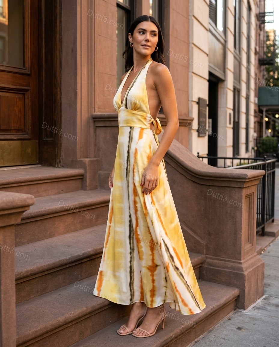 Yellow Tie-Dye Maxi Open-Back Dress, alternate use-case lifestyle view, by Dutti3
