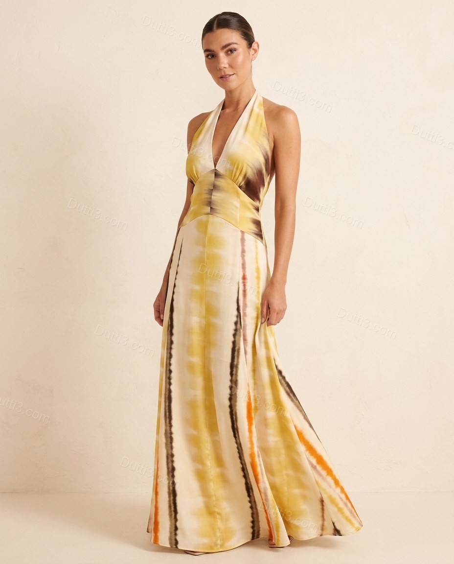 Yellow Tie-Dye Maxi Open-Back Dress, full-length hero view, by Dutti3