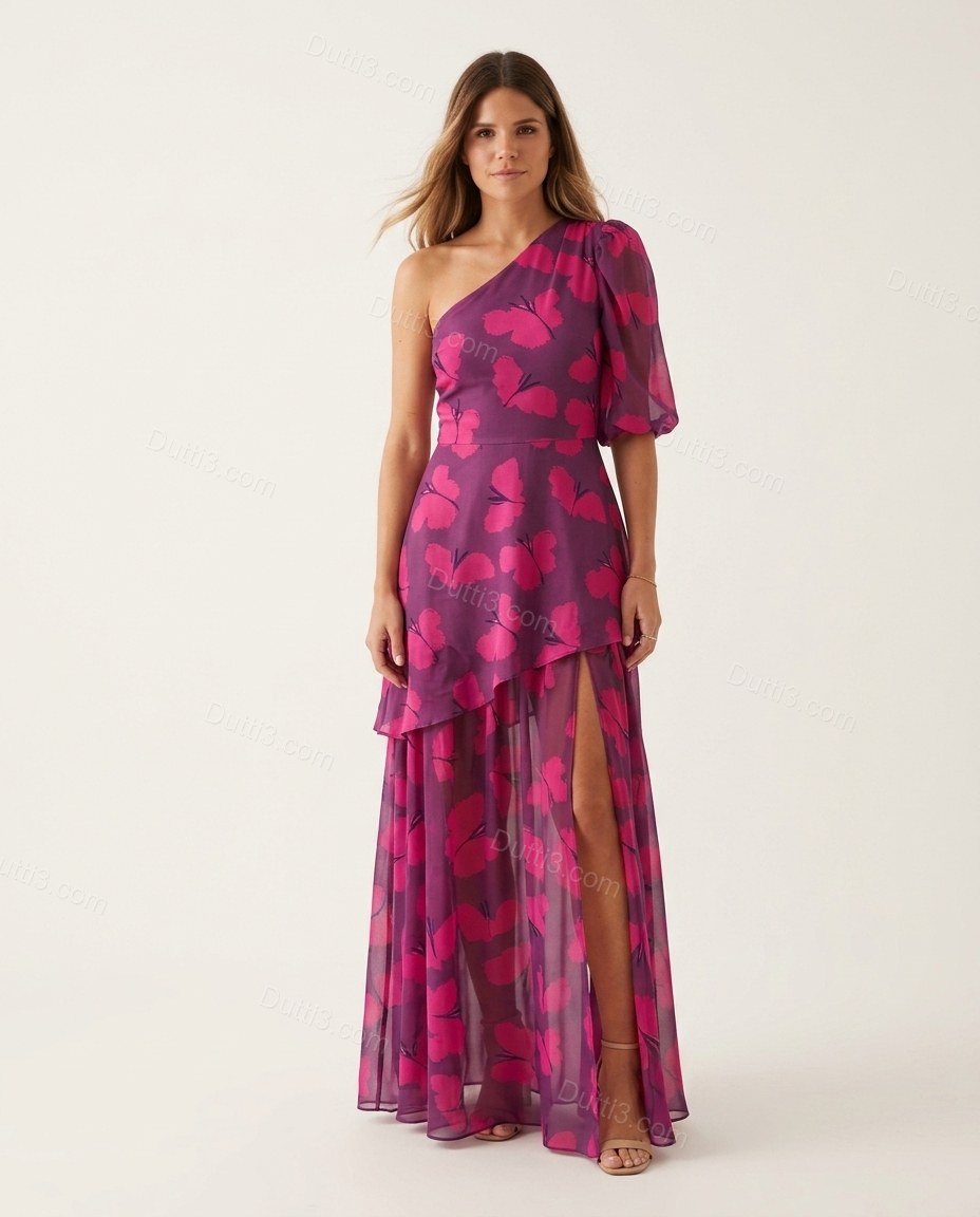 Magenta Maxi One-Shoulder Ruffled Dress, front studio view, by Dutti3