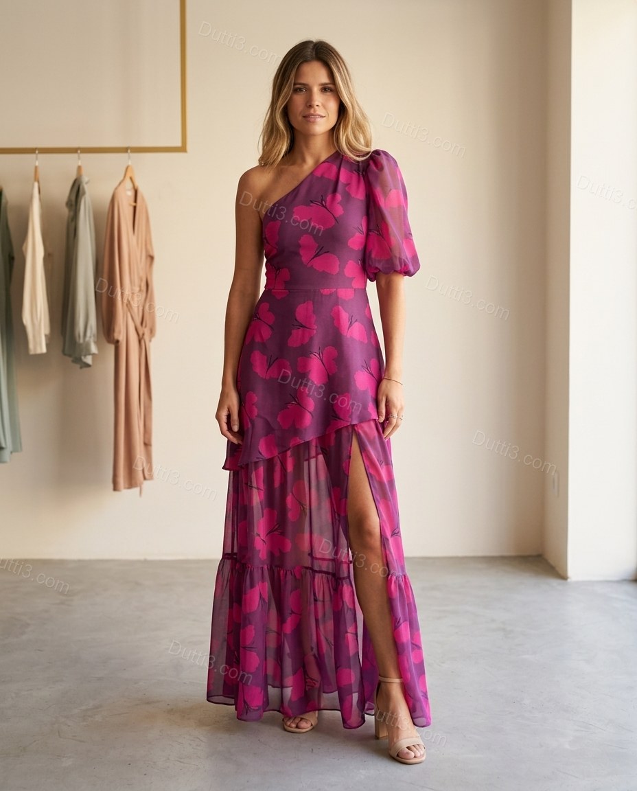 Magenta Maxi One-Shoulder Ruffled Dress, full-length hero view, by Dutti3