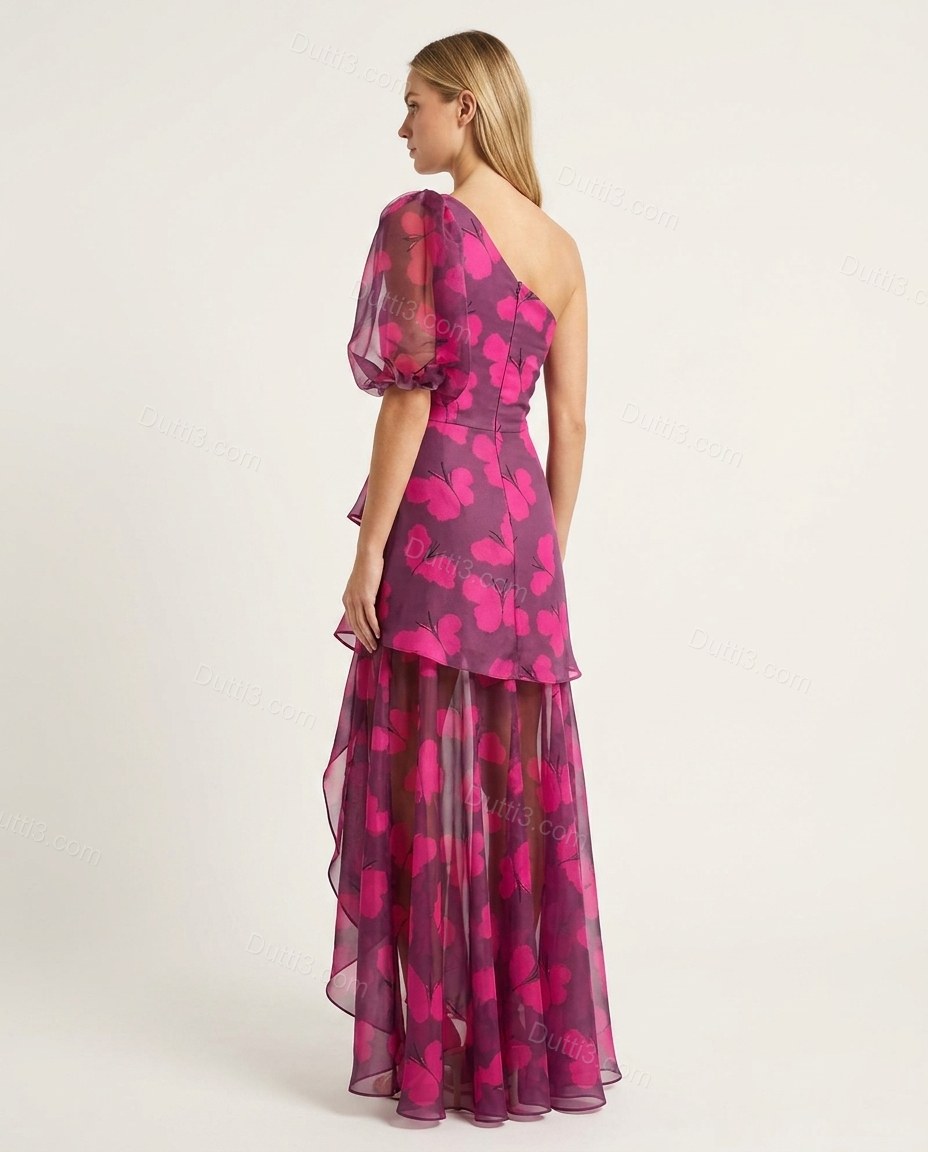 Magenta Maxi One-Shoulder Ruffled Dress, back studio view showing clean back bodice with zipper closure, by Dutti3