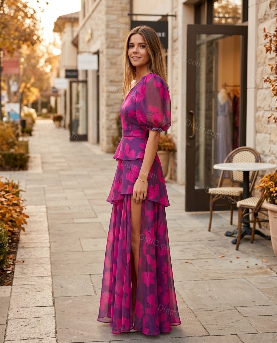 Magenta Maxi One-Shoulder Ruffled Dress, movement and fit lifestyle view, by Dutti3