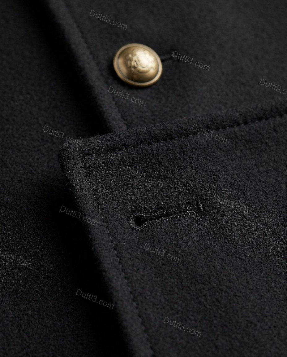 Black Cape Outerwear, close-up of button front, arm slits and double-breasted button closure, by Dutti3