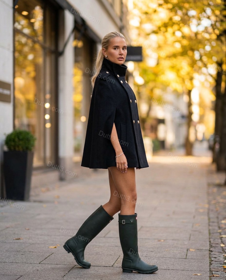 Black Cape Outerwear, three-quarter brand lifestyle view, by Dutti3