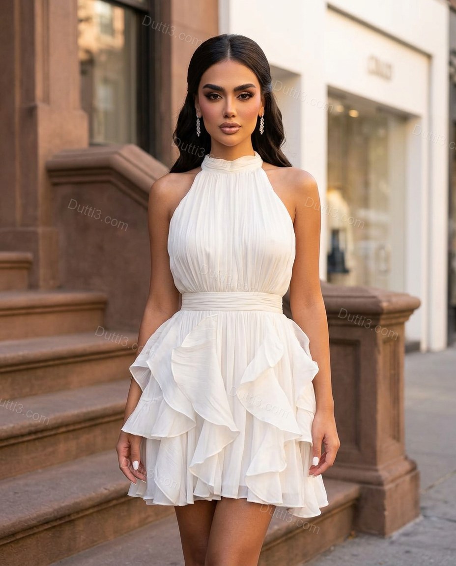 White Mini Halter Ruffled Dress, three-quarter brand lifestyle view, by Dutti3
