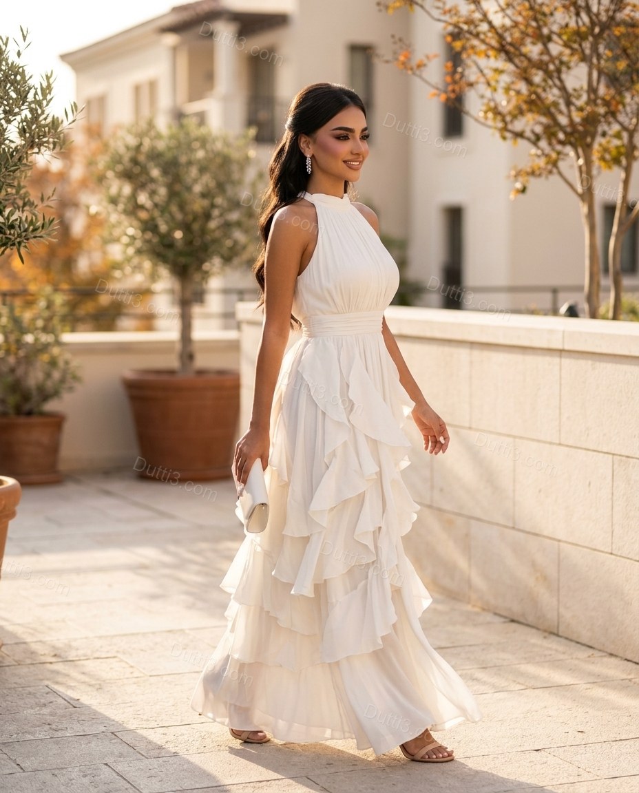 White Mini Halter Ruffled Dress, walking lifestyle view, by Dutti3