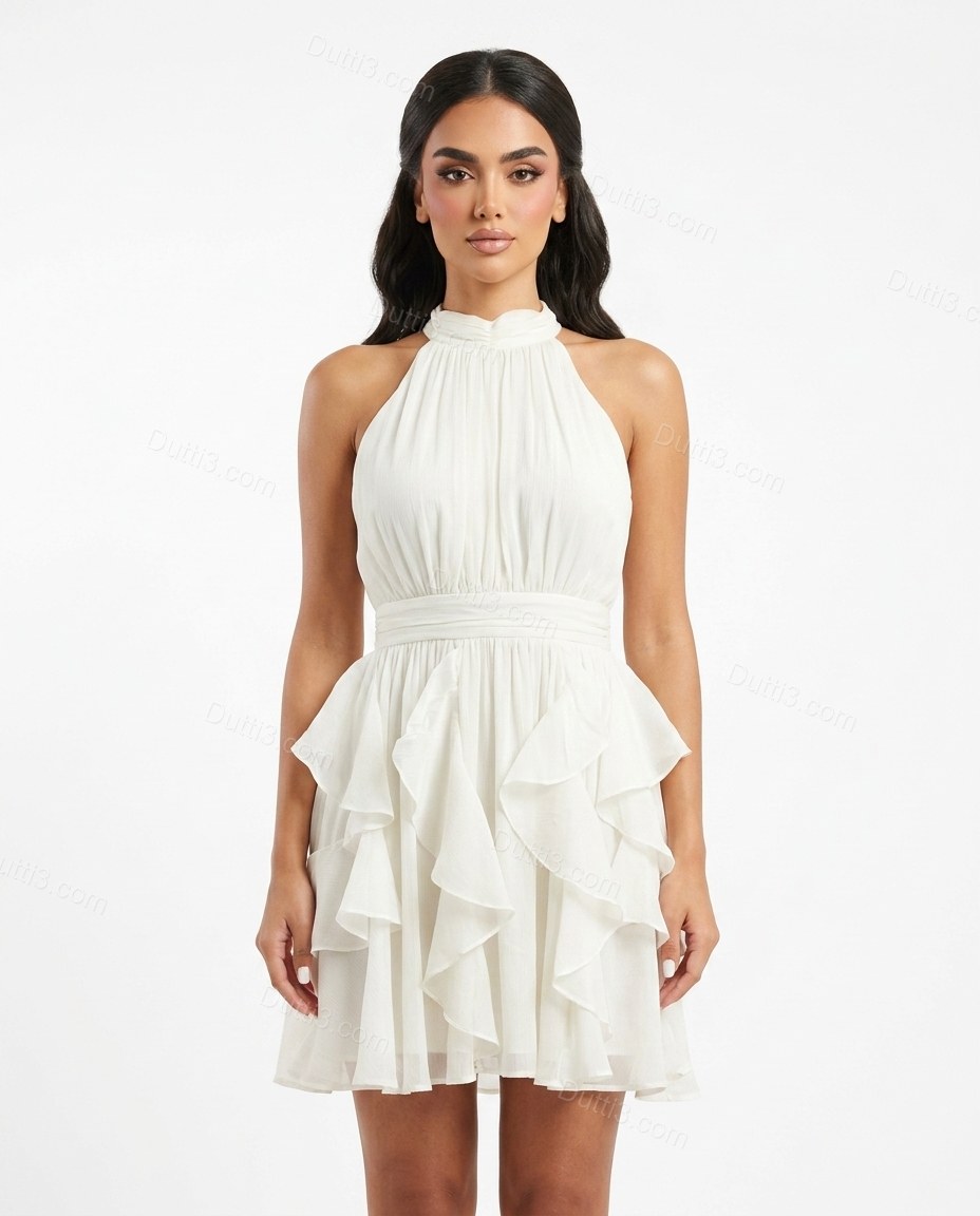 White Mini Halter Ruffled Dress, front studio view, by Dutti3