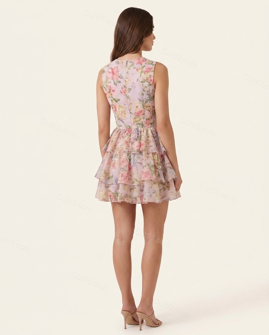 Lavender Floral Mini Ruffled Dress, back studio view, by Dutti3