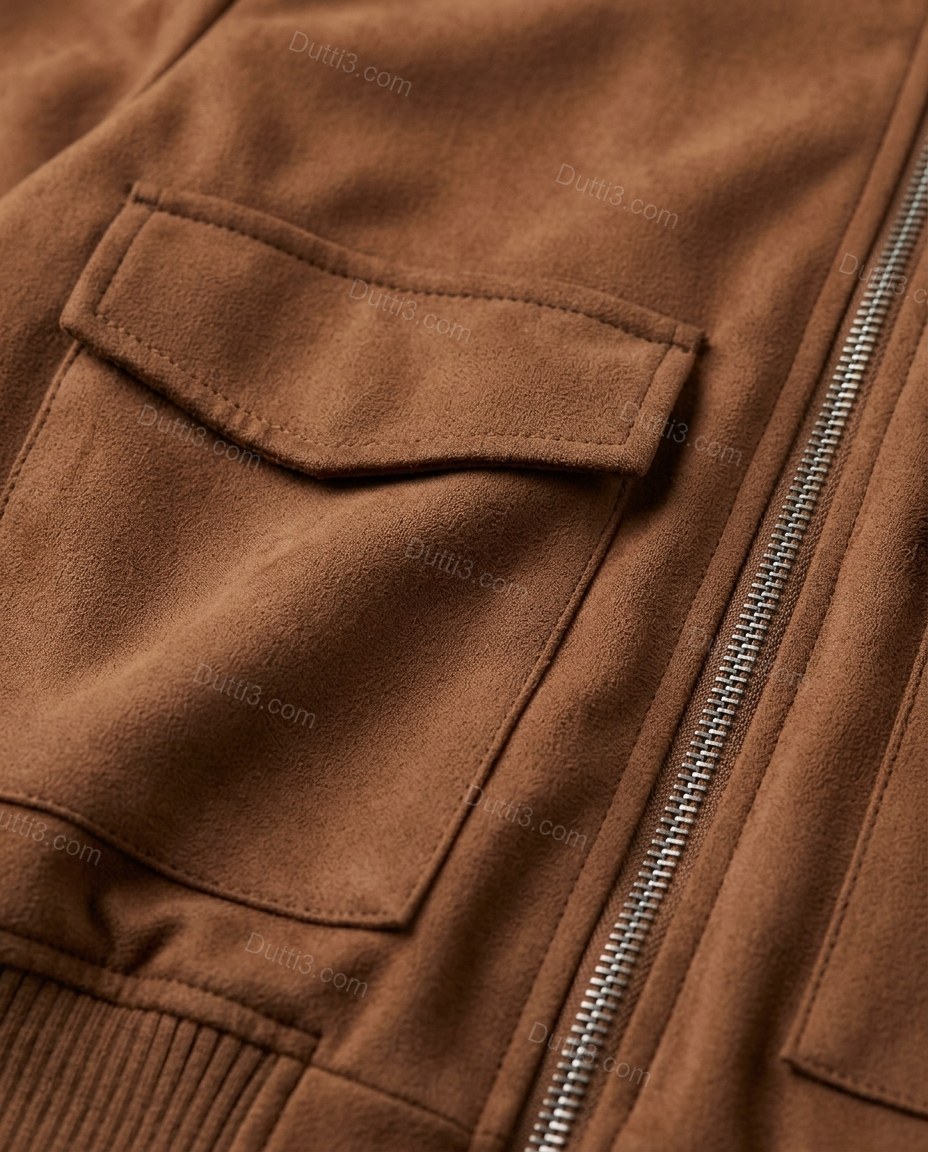 Brown Ribbed Jacket, close-up of ribbed hem, ribbed cuffs and two chest flap pockets, by Dutti3