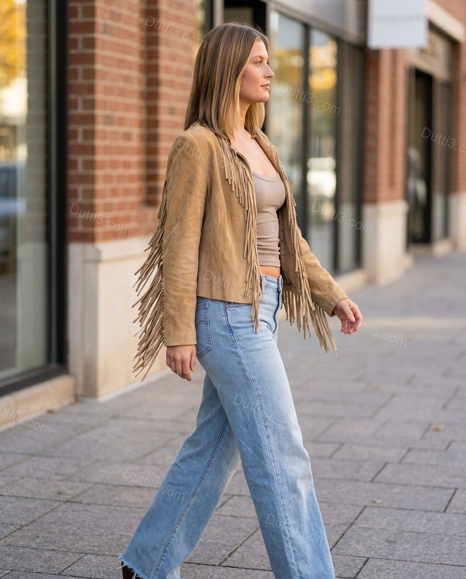 Tan Fringe Jacket, walking lifestyle view, by Dutti3