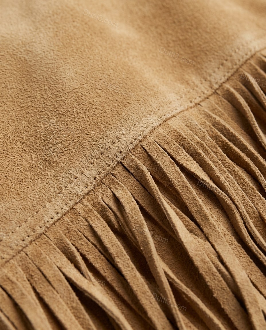 Tan Fringe Jacket, close-up of fringe trim, open-front design and collared, by Dutti3