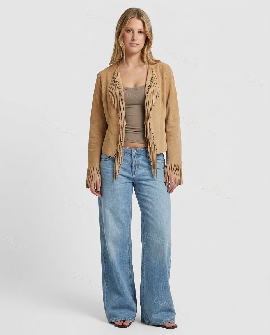 Tan Fringe Jacket, front studio view, by Dutti3