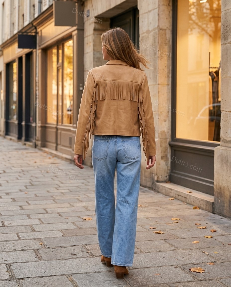 Tan Fringe Jacket, movement and fit lifestyle view, by Dutti3
