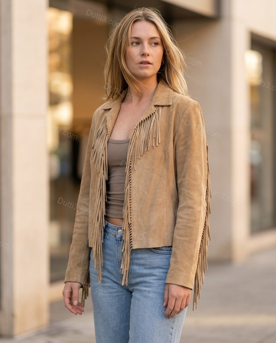 Tan Fringe Jacket, alternate use-case lifestyle view, by Dutti3