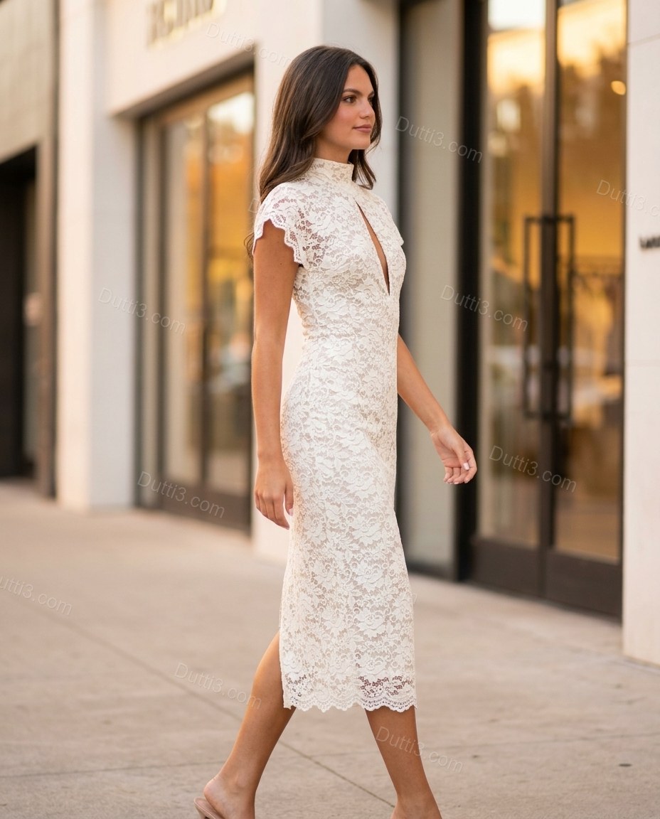 White Floral Midi Lace Dress, walking lifestyle view, by Dutti3