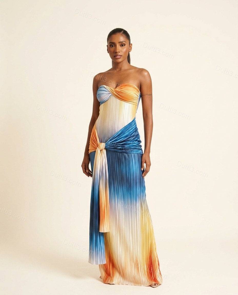 Blue Maxi Strapless Pleated Dress, front studio view, by Dutti3
