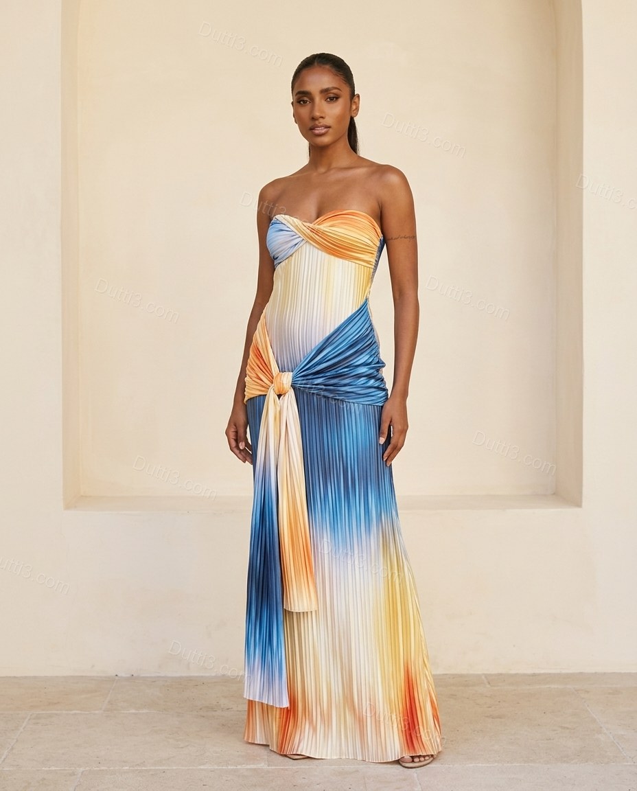 Blue Maxi Strapless Pleated Dress, full-length hero view, by Dutti3