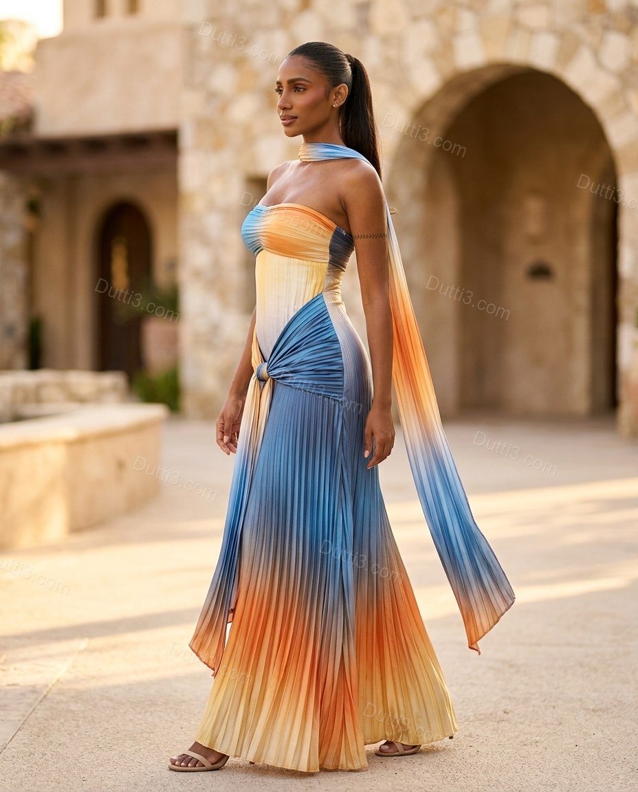 Blue Maxi Strapless Pleated Dress, walking lifestyle view, by Dutti3