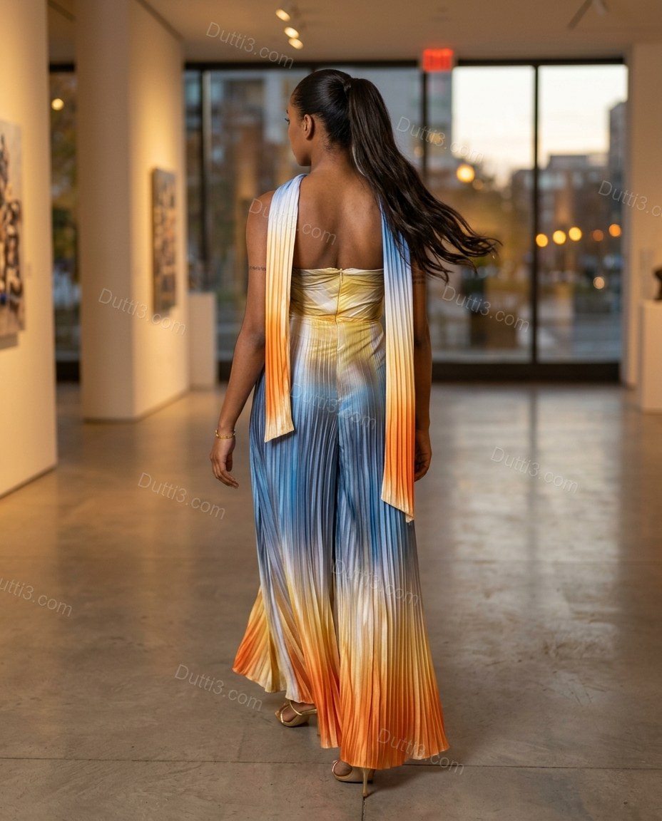 Blue Maxi Strapless Pleated Dress, alternate use-case lifestyle view, by Dutti3