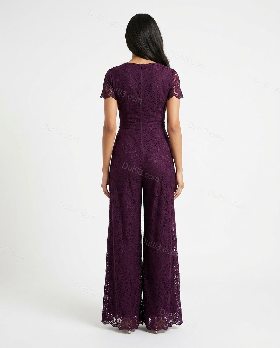 Purple Floral Lace Jumpsuit, back studio view showing fitted back with consistent lace pattern, by Dutti3