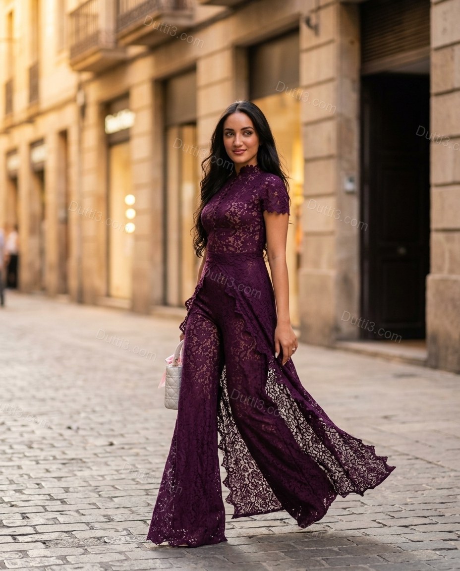 Purple Floral Lace Jumpsuit, walking lifestyle view, by Dutti3