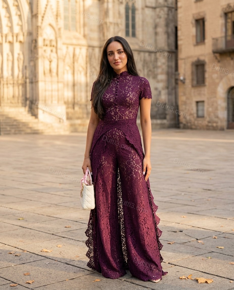 Purple Floral Lace Jumpsuit, full-length hero view, by Dutti3