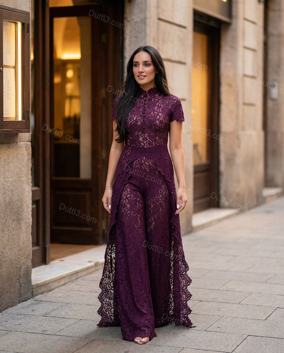 Purple Floral Lace Jumpsuit, three-quarter brand lifestyle view, by Dutti3