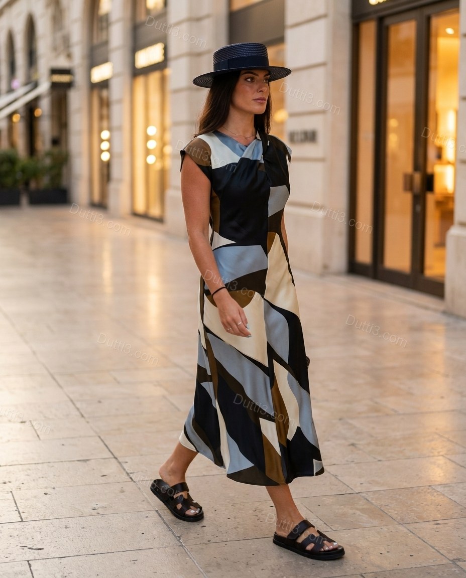 Black Geometric Midi Cowl-Neck Dress, walking lifestyle view, by Dutti3