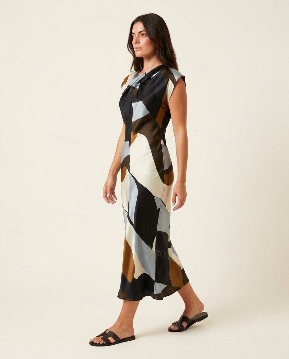 Black Geometric Midi Cowl-Neck Dress, side and back studio view, by Dutti3