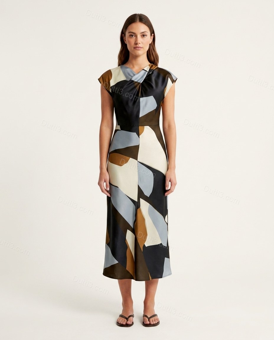 Black Geometric Midi Cowl-Neck Dress, front studio view, by Dutti3