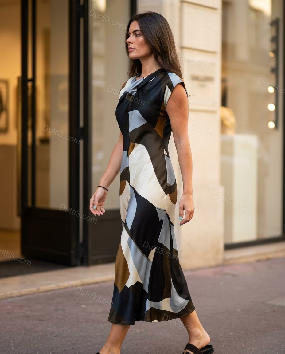 Black Geometric Midi Cowl-Neck Dress, three-quarter brand lifestyle view, by Dutti3