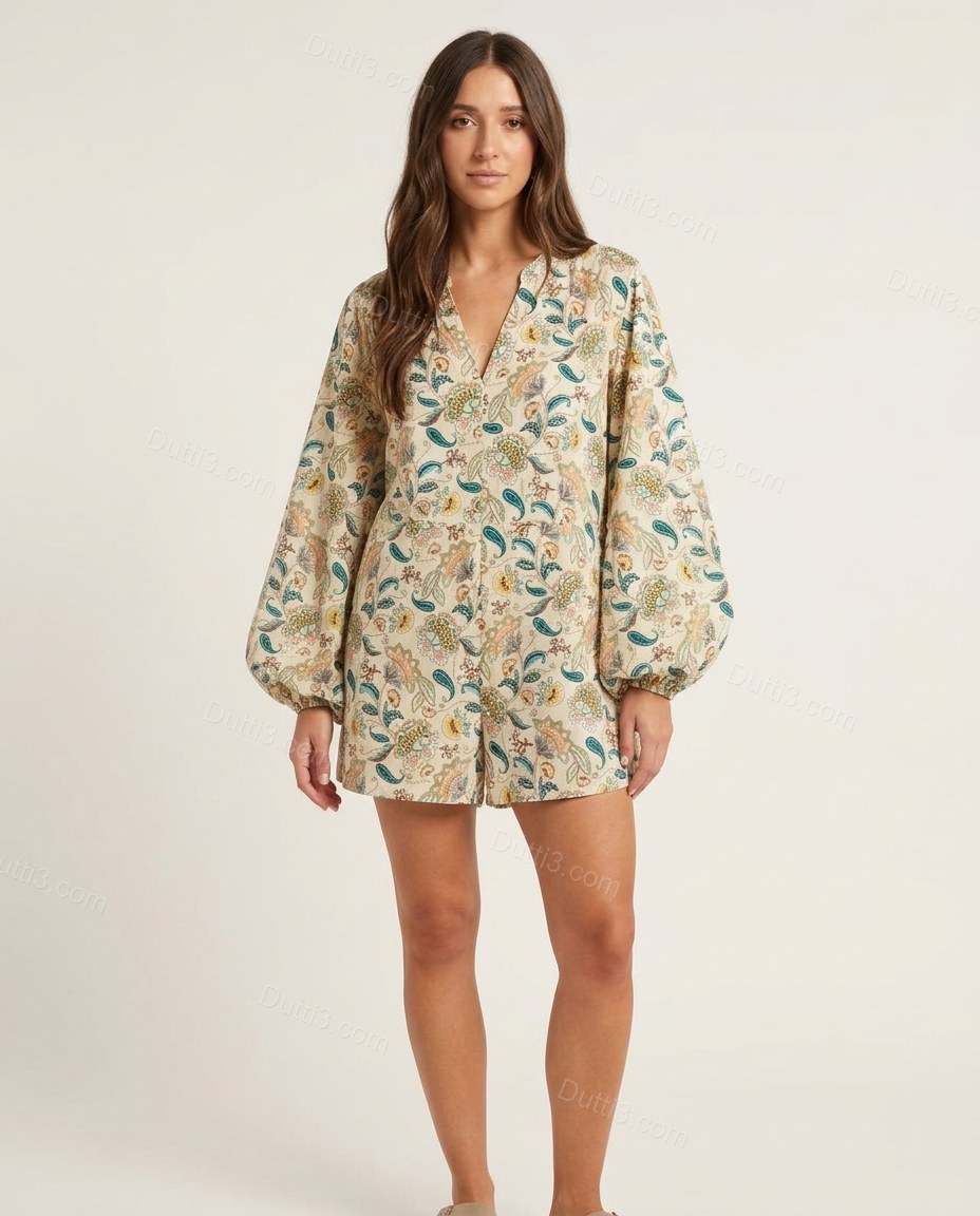 Cream Floral Jumpsuit, front studio view, by Dutti3