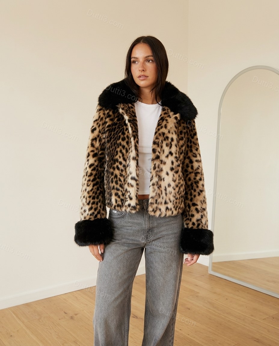 Brown Leopard Print Faux-Fur Jacket, full-length hero view, by Dutti3