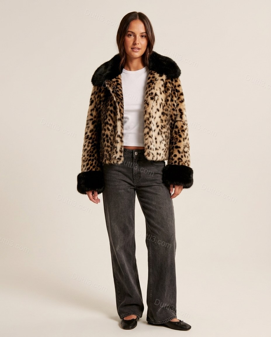 Brown Leopard Print Faux-Fur Jacket, front studio view, by Dutti3