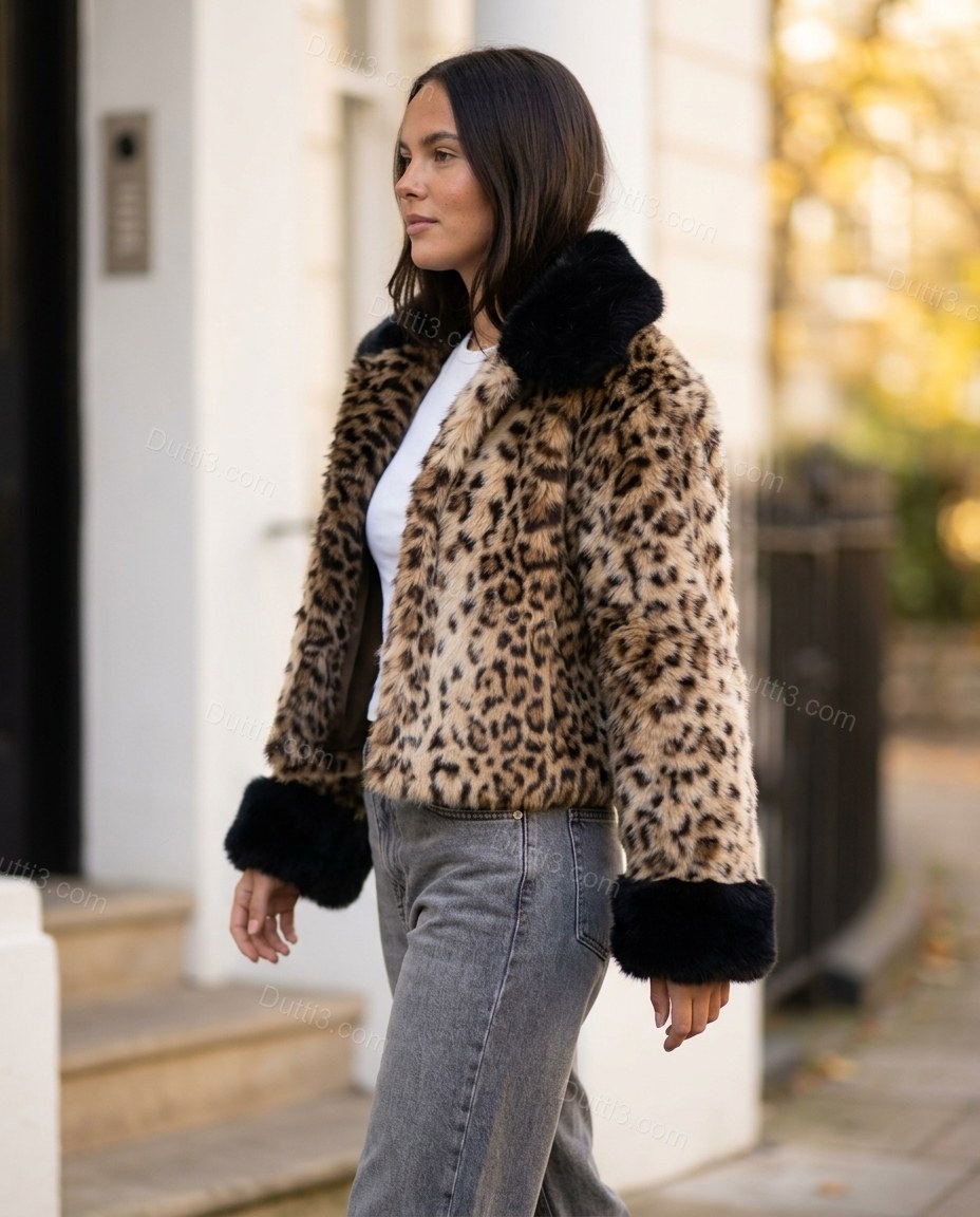 Brown Leopard Print Faux-Fur Jacket, alternate use-case lifestyle view, by Dutti3