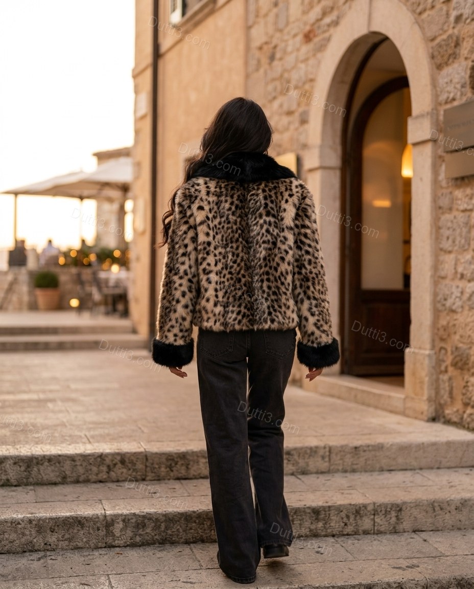 Brown Leopard Print Faux-Fur Jacket, movement and fit lifestyle view, by Dutti3