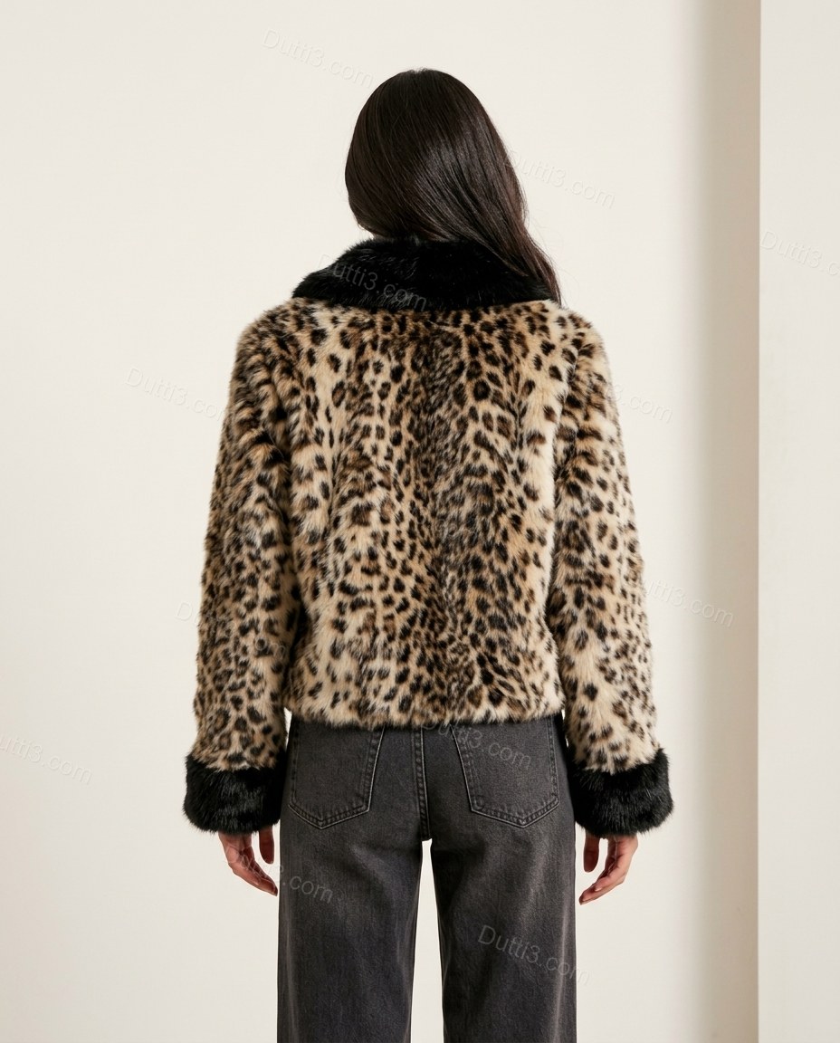 Brown Leopard Print Faux-Fur Jacket, back studio view, by Dutti3