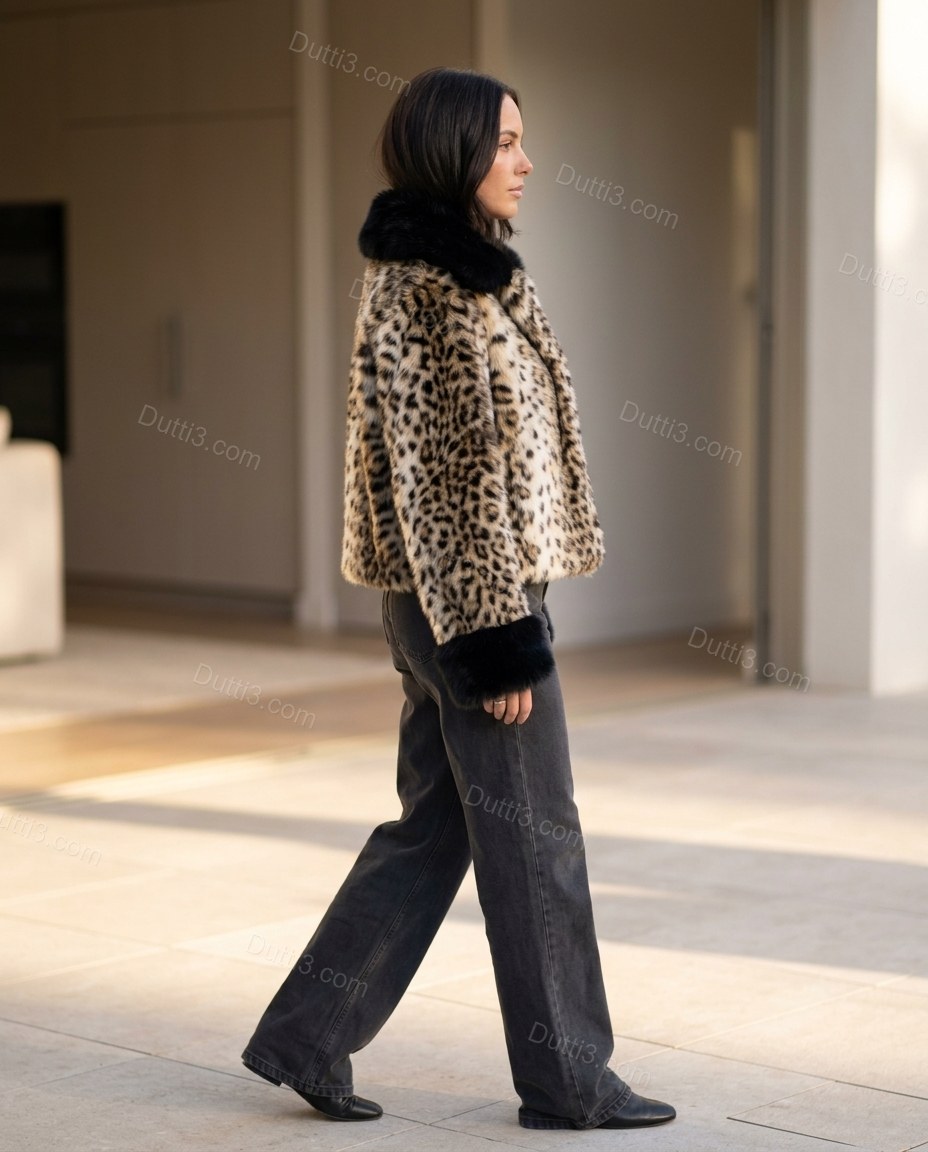 Brown Leopard Print Faux-Fur Jacket, walking lifestyle view, by Dutti3