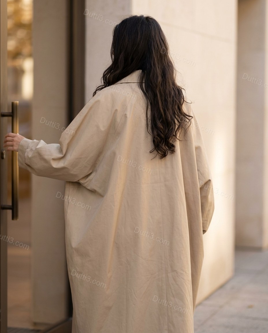 Beige Coat, movement and fit lifestyle view, by Dutti3