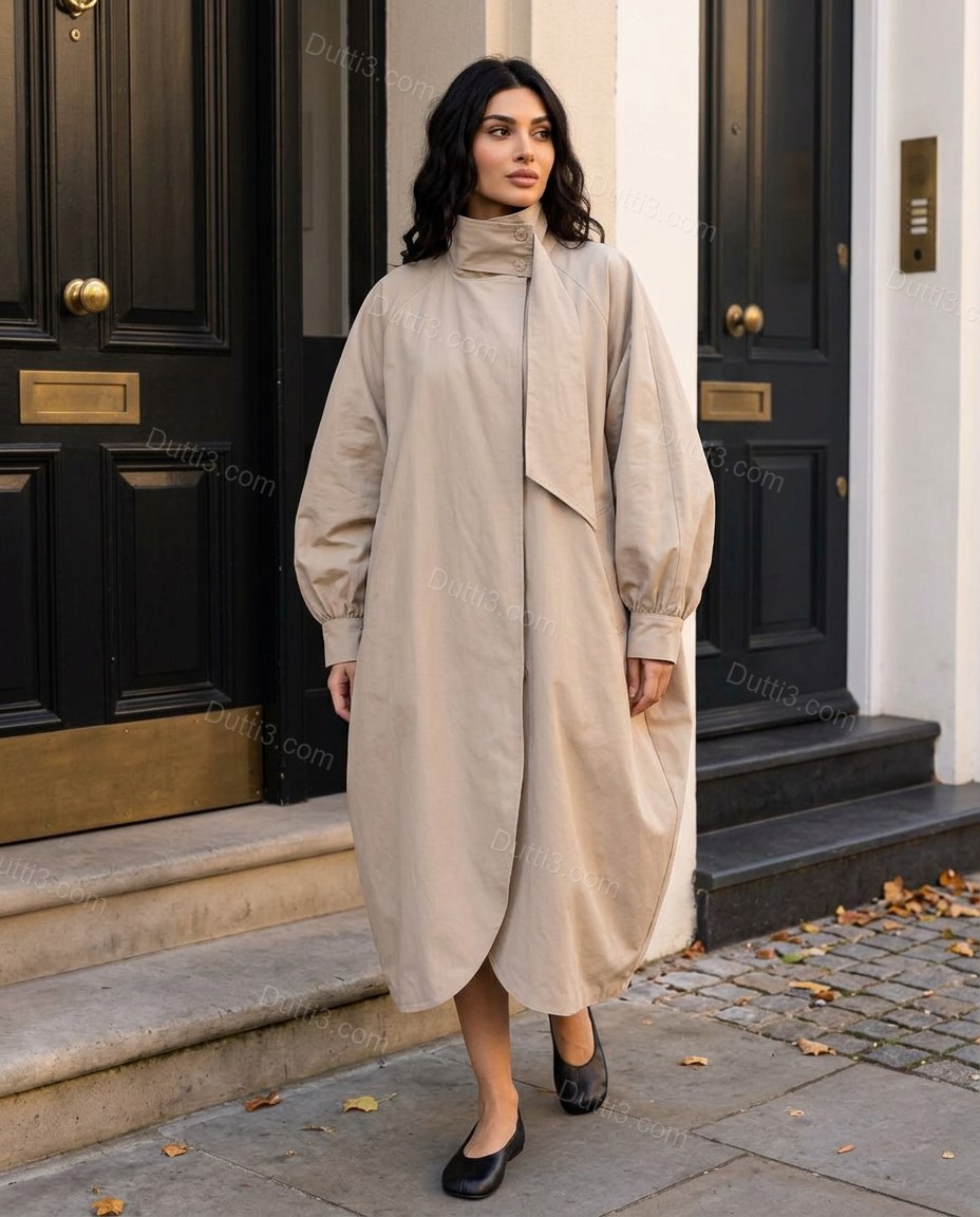 Beige Coat, three-quarter brand lifestyle view, by Dutti3