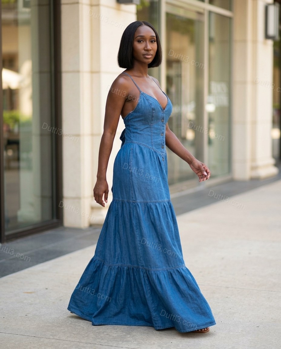 Blue Maxi Tiered Denim Dress, three-quarter brand lifestyle view, by Dutti3