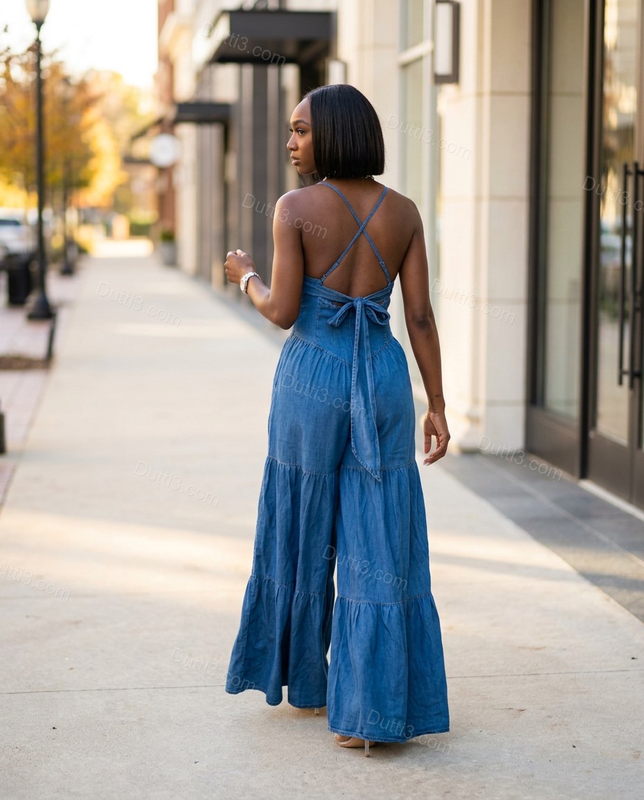 Blue Maxi Tiered Denim Dress, alternate use-case lifestyle view, by Dutti3