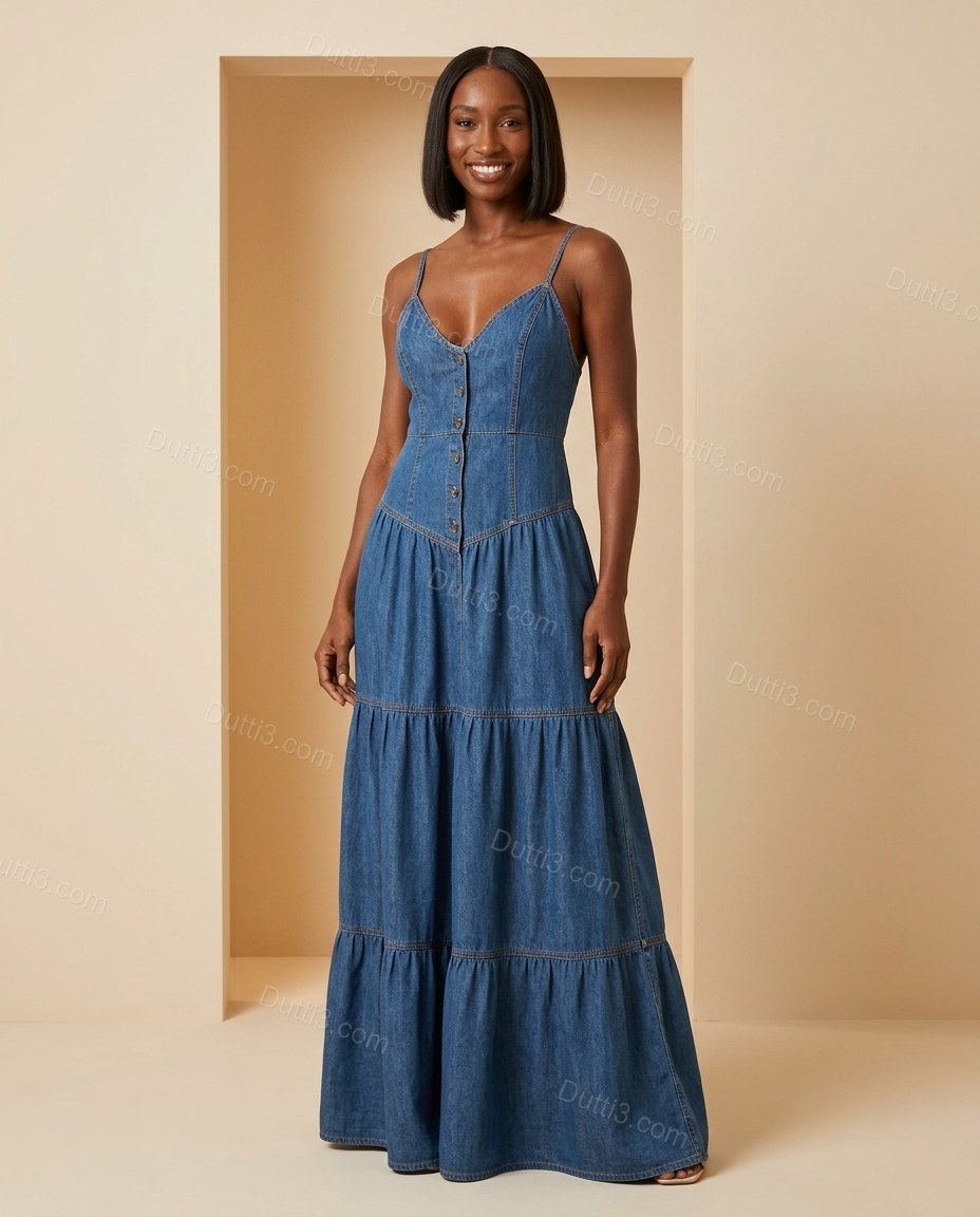 Blue Maxi Tiered Denim Dress, full-length hero view, by Dutti3