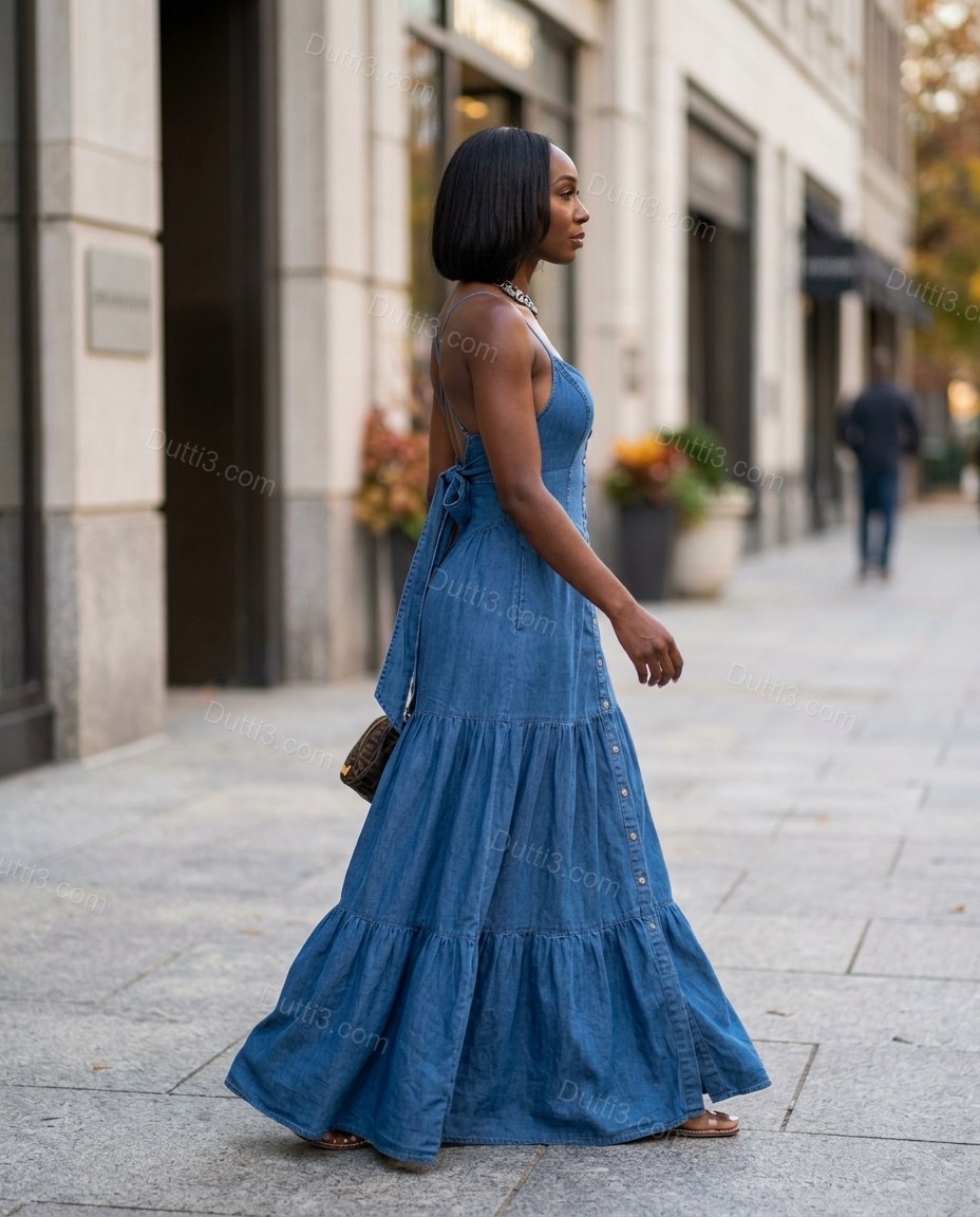 Blue Maxi Tiered Denim Dress, movement and fit lifestyle view, by Dutti3