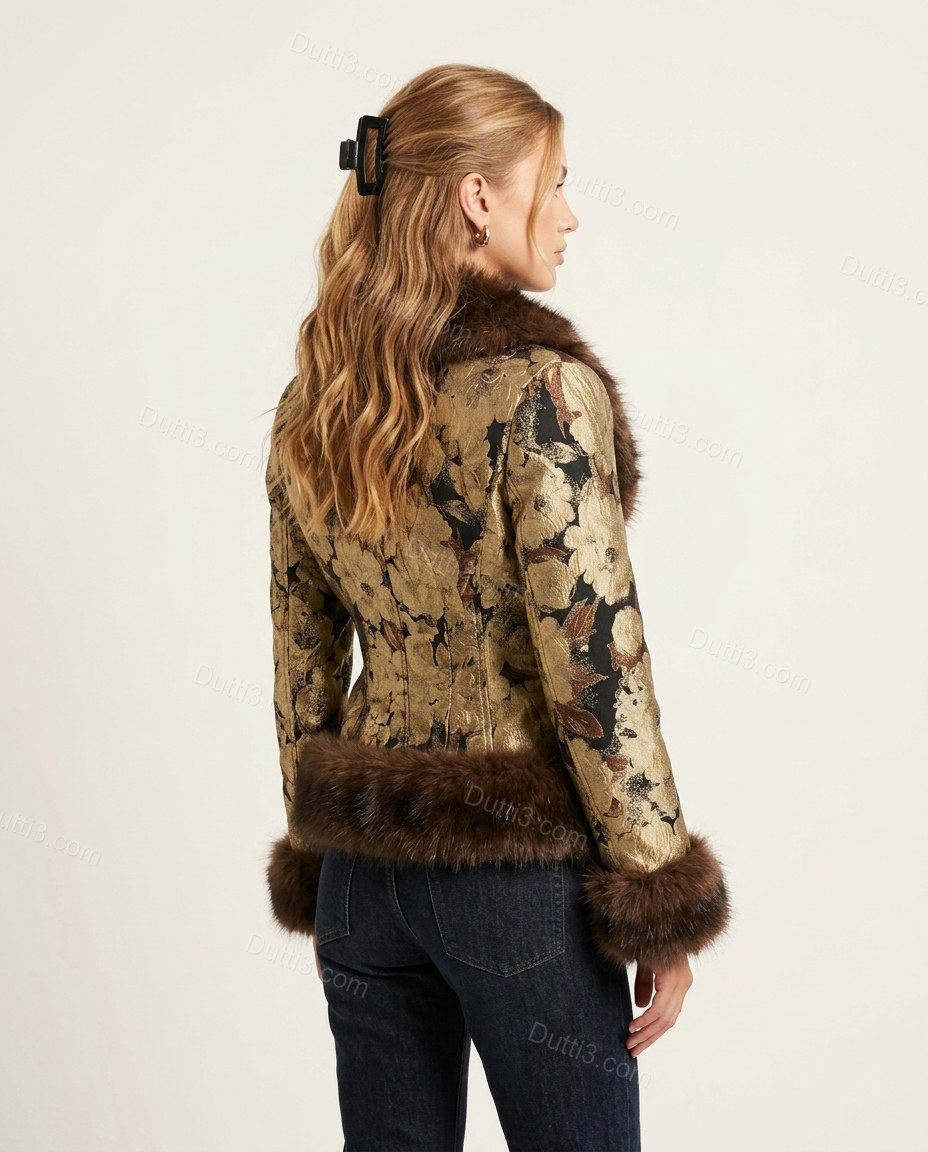 Gold Floral Faux-Fur Satin Jacket, back studio view, by Dutti3