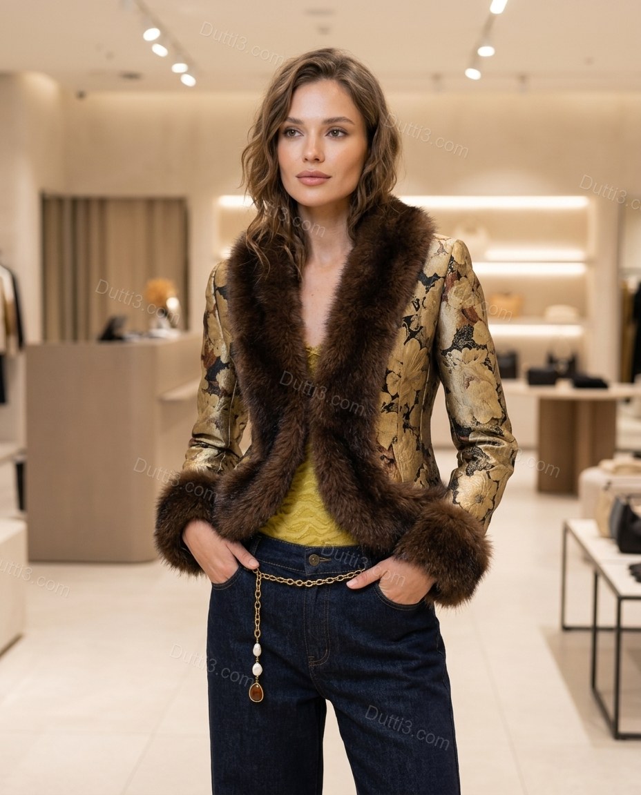 Gold Floral Faux-Fur Satin Jacket, full-length hero view, by Dutti3