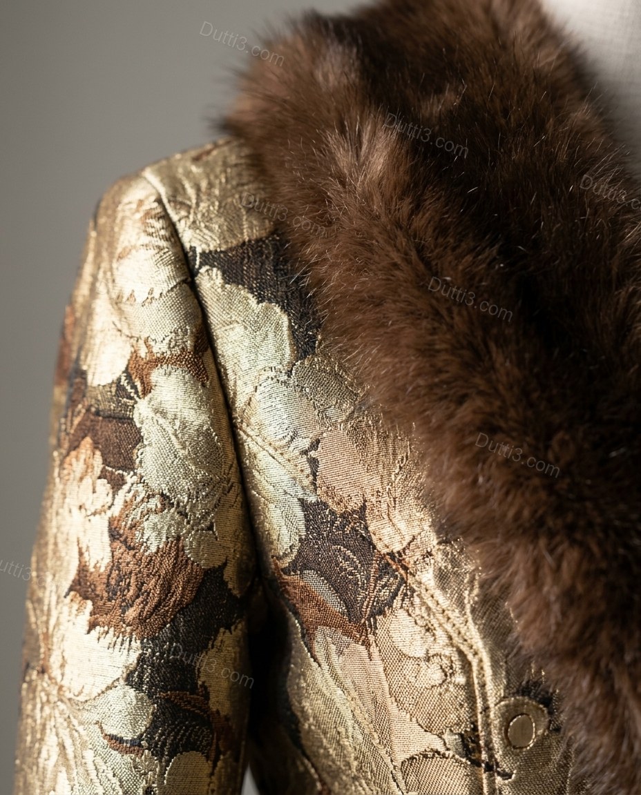 Gold Floral Faux-Fur Satin Jacket, close-up of floral, by Dutti3